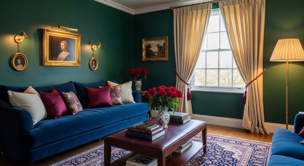 Old money home decor with a refined color palette of deep green, navy blue, and burgundy, creating a sophisticated and timeless atmosphere.