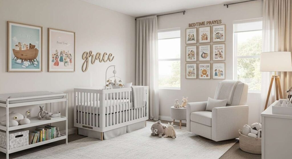 Modern Christian home decor in a child-friendly nursery with faith-inspired elements
