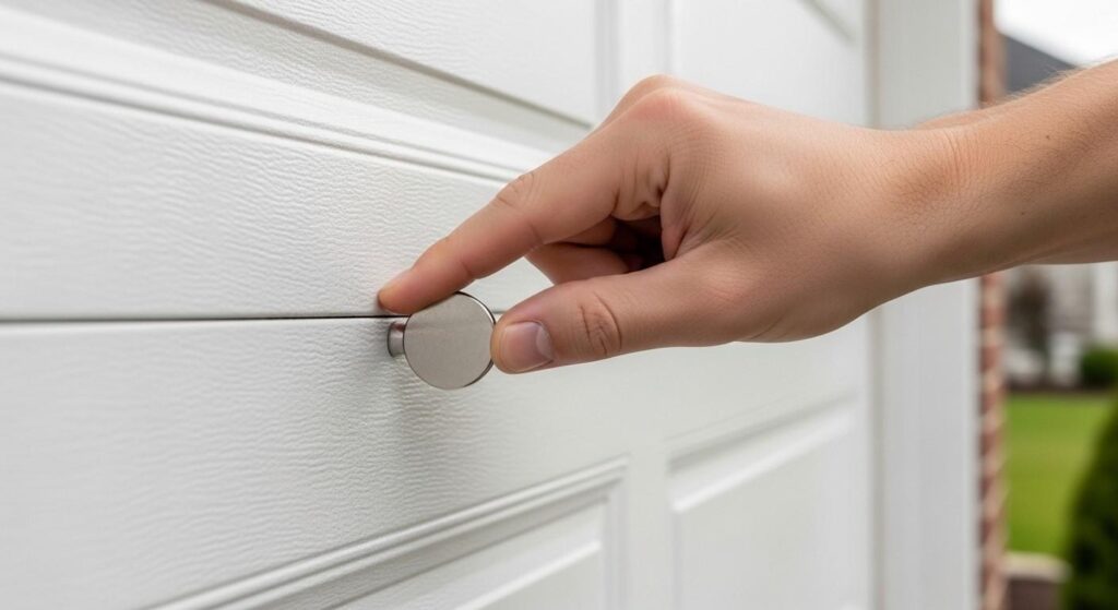 Homeowner testing whether a steel garage door can hold magnetic decorative hardware magnetic garage door decor
