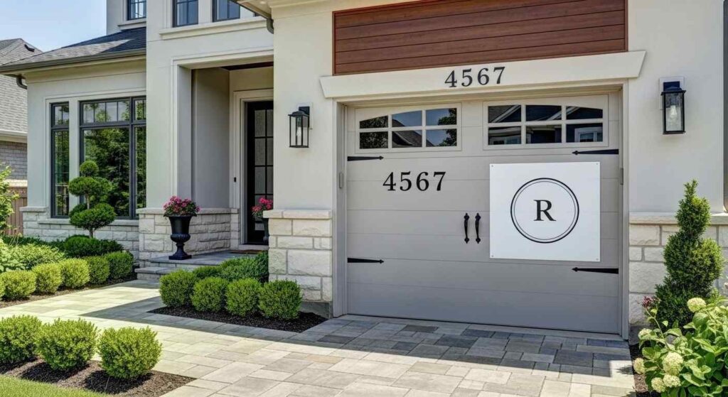 Personalized garage door decor with magnetic house numbers and custom monogram design
