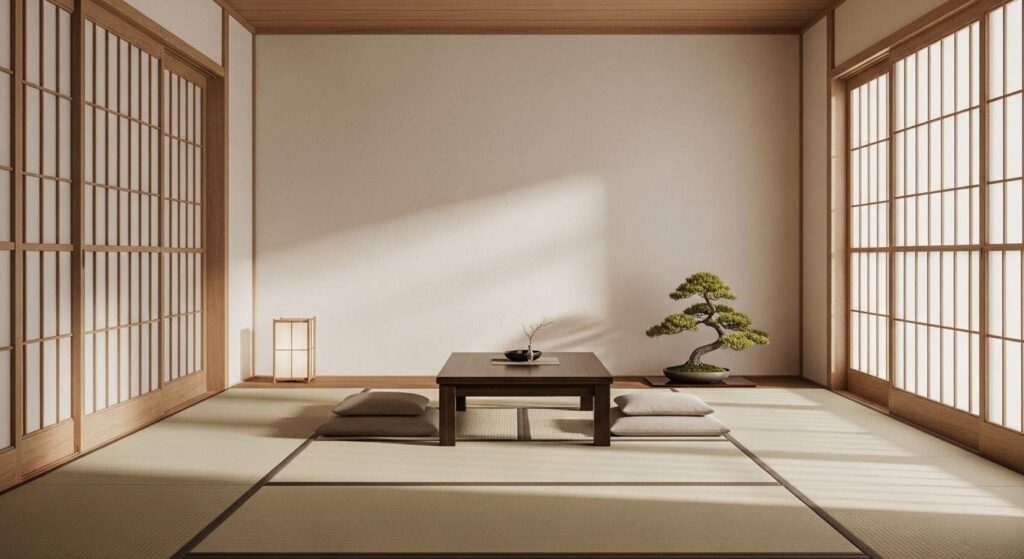 Zen minimalist Japanese-style room with tatami mats, shoji screens, and simple furniture.