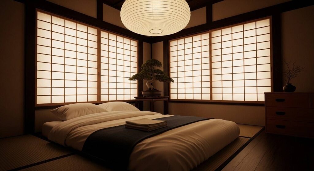 Japanese-inspired room with shoji screens, paper lantern lighting, and minimalist decor.
asian home decor