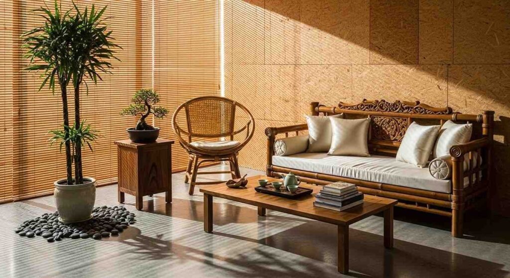 Asian-inspired interior design with bamboo furniture, rattan decor, wood textures, and natural materials.