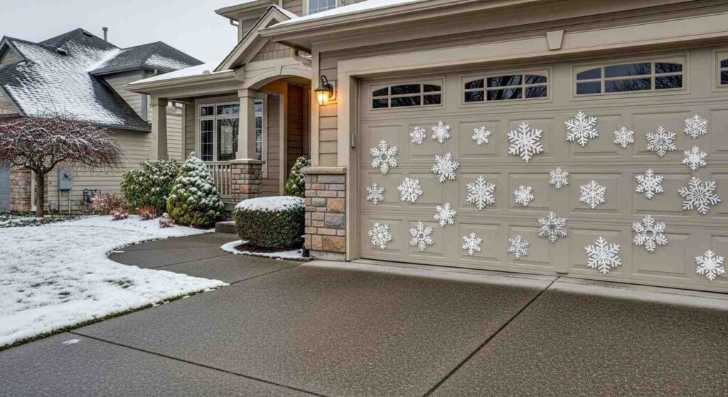 Steel garage door decorated with removable magnetic winter snowflakes, showcasing seasonal magnetic garage door decor.