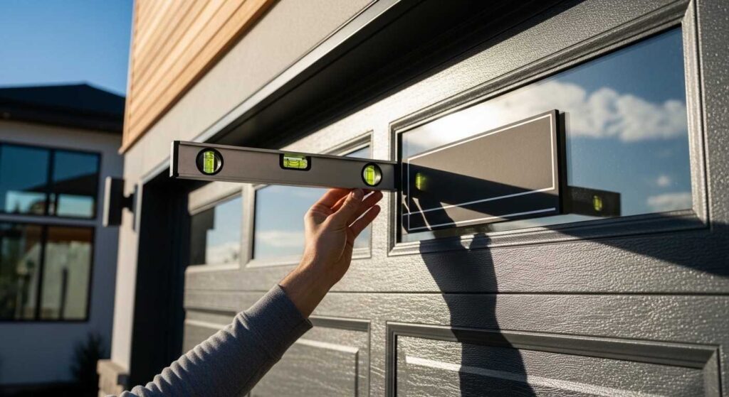 A close-up of attaching magnetic garage door decor to a steel garage door, showing the easy installation process with a level tool for perfect alignment.