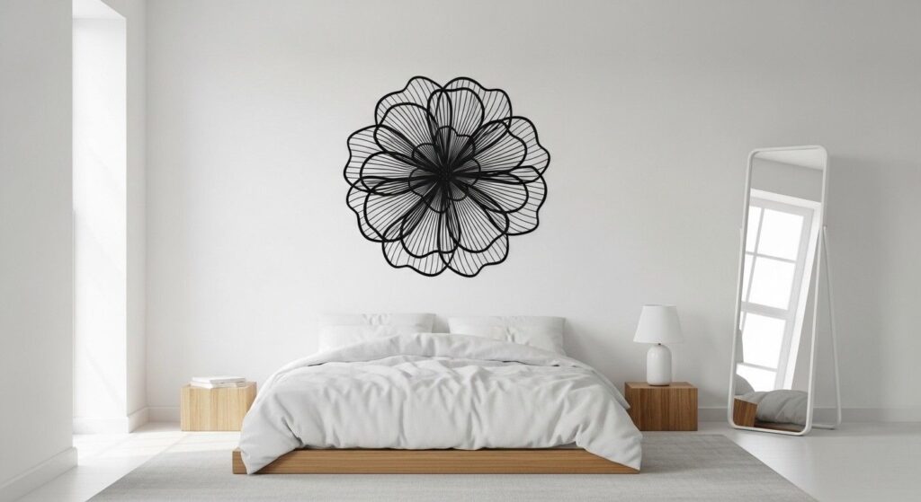 Minimalist bedroom with matte black metal flower wall decor on a white wall, emphasizing clean lines and modern design.