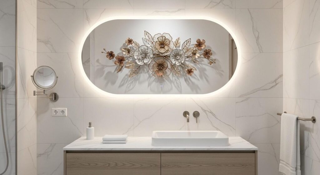 Luxury bathroom featuring rust-proof metal flower wall decor above the vanity, enhancing elegance and modern design.