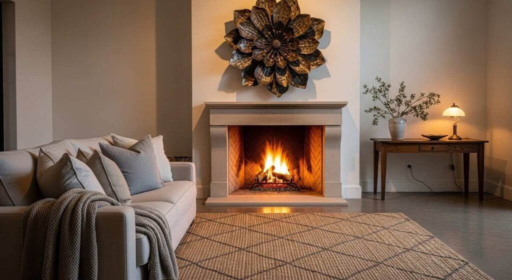 Large, dramatic metal flower wall decor above a fireplace in a stylish living room with warm textures and cozy ambiance.