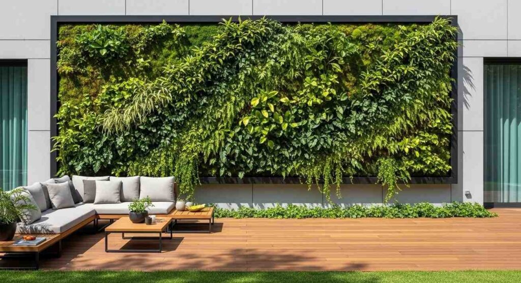 large vertical garden wall installation used as decorative outdoor wall art
