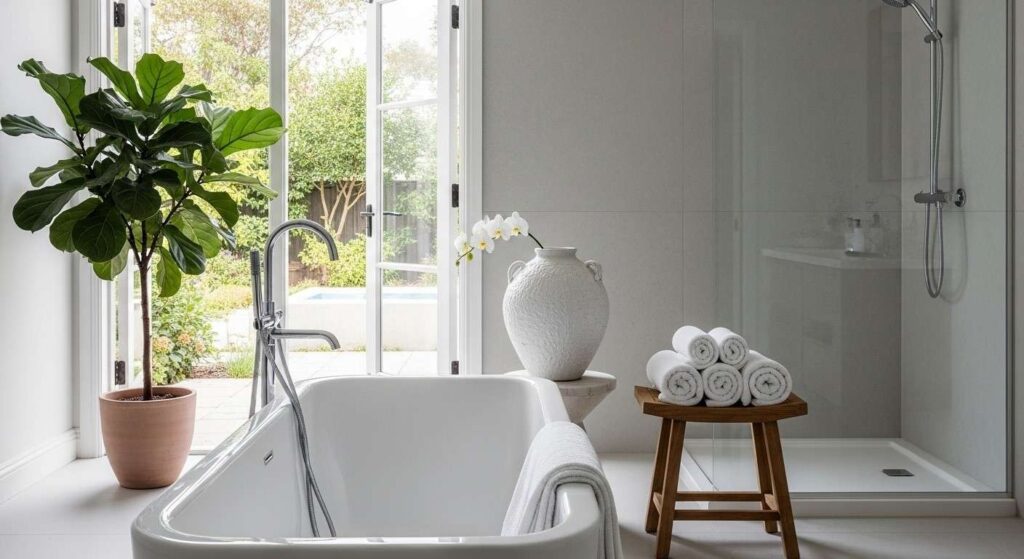 Spa-inspired master bathroom with freestanding tub, radiant heated floors, and smart shower system, perfect for luxury home renovation ideas.