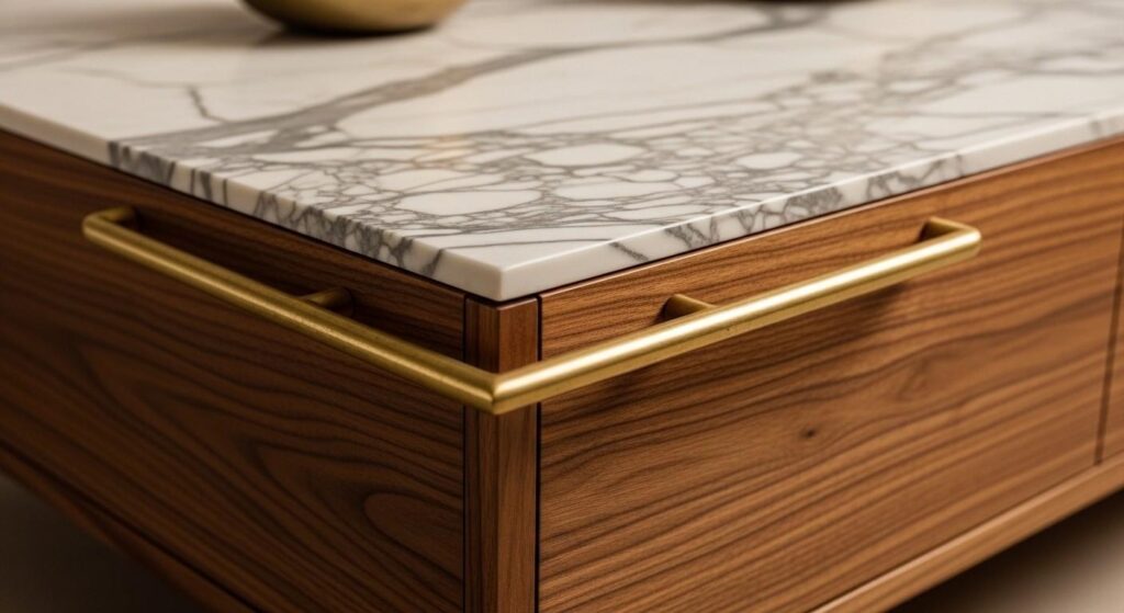 Old money home decor highlighting luxury materials such as walnut wood, brass handles, and authentic marble to create a timeless, refined aesthetic.