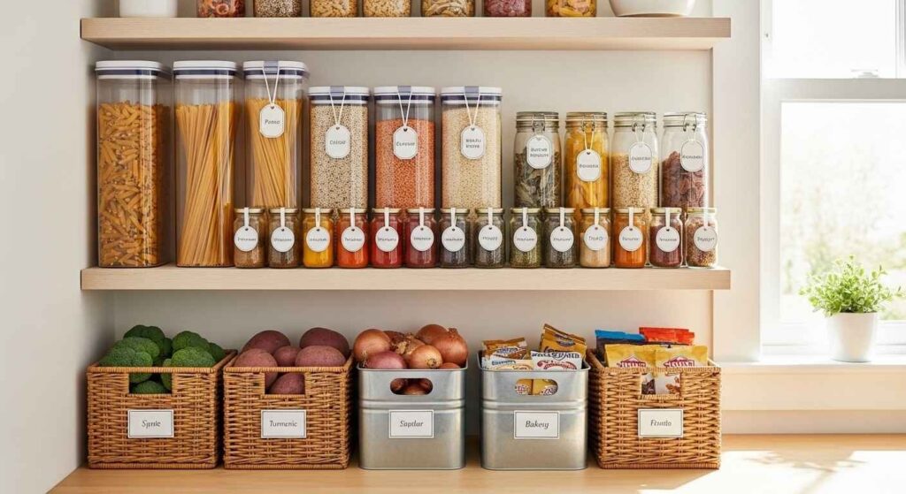 Transparent containers and bins organizing a small pantry efficiently