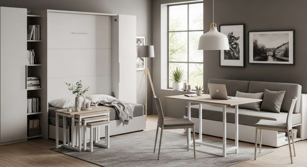 Multifunctional space-saving furniture in a small home with a wall bed, nesting tables, and hidden storage sofa. small house interior design ideas​