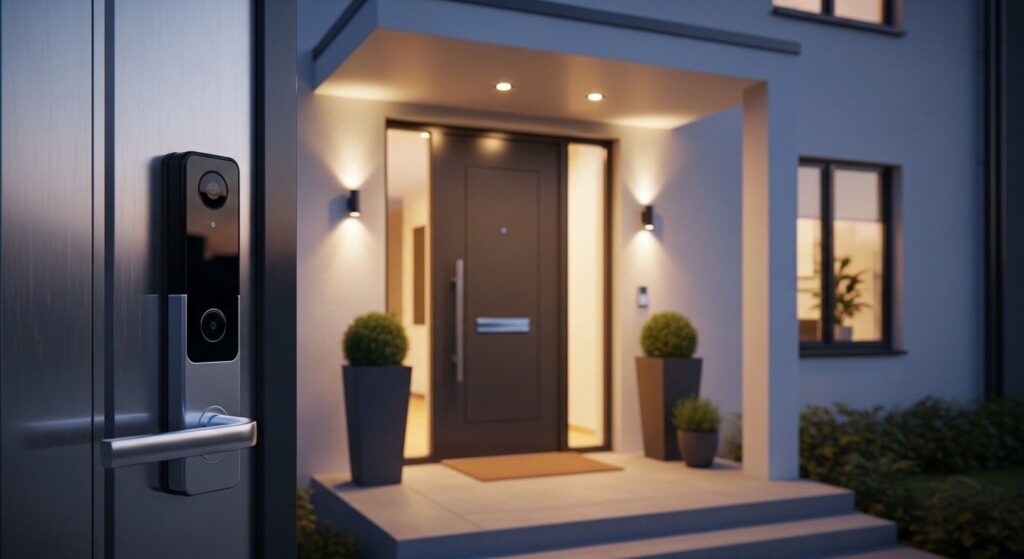 Smart home security system with video doorbell, smart lock, and outdoor camera at the front entrance