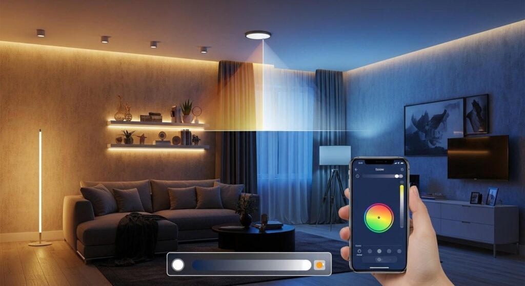 Smart lighting system in a renovated living room with app-controlled ambient lights