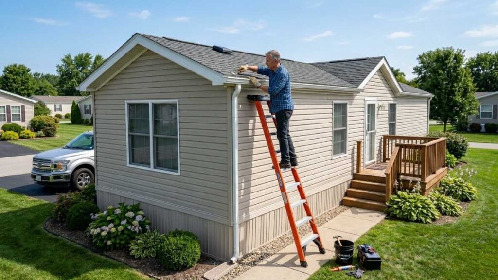 Homeowner performing maintenance on a manufactured trailer home, ensuring longevity and value through proper care and upkeep.