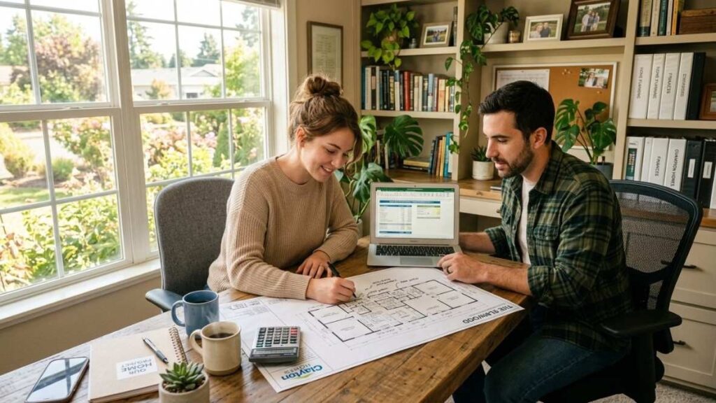 Young couple planning finances and reviewing floor plans, illustrating the step-by-step process of buying a trailer home.