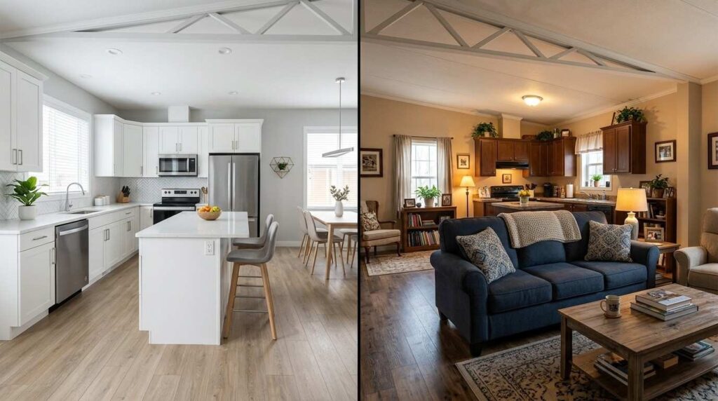 Side-by-side comparison of new and used manufactured home interiors to help buyers decide when learning how to buy a manufactured home.
