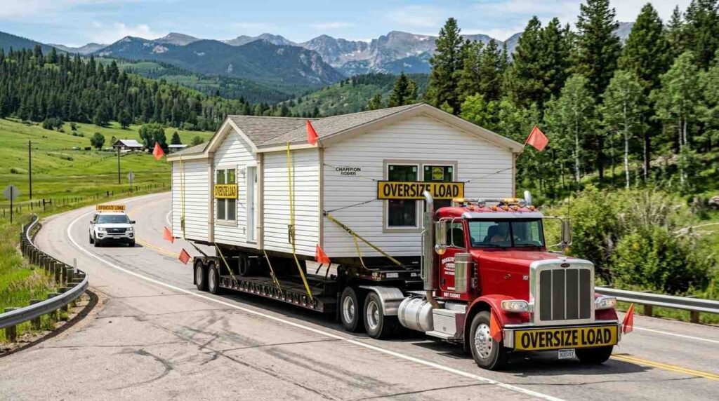 Manufactured home being delivered to its new site on a transport truck