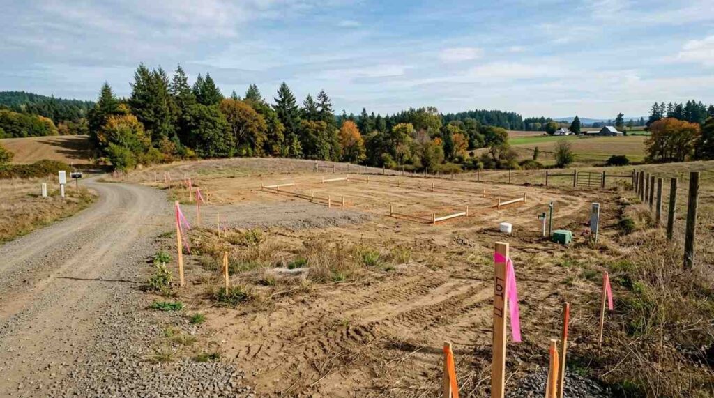 Empty land lot being prepared for manufactured home placement