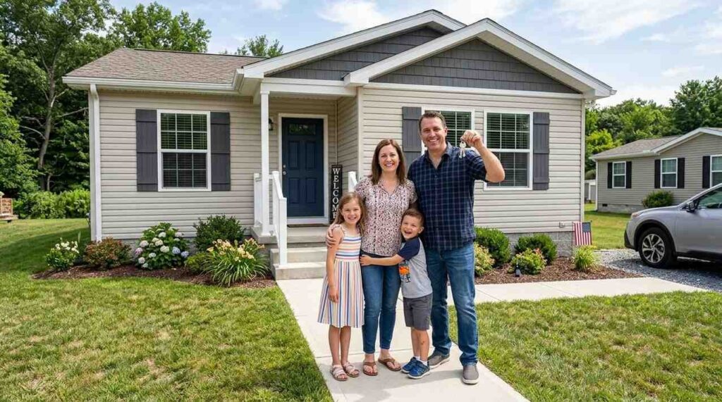 A happy family holding keys in front of their new manufactured home after successfully completing the process of how to buy a manufactured home.
