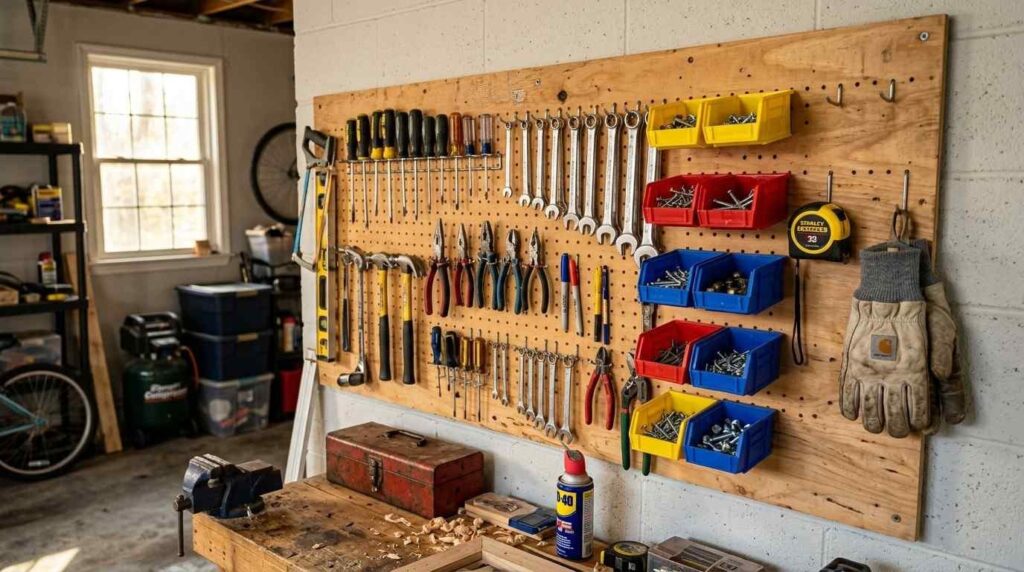 Pegboard wall storage idea for garage interior design